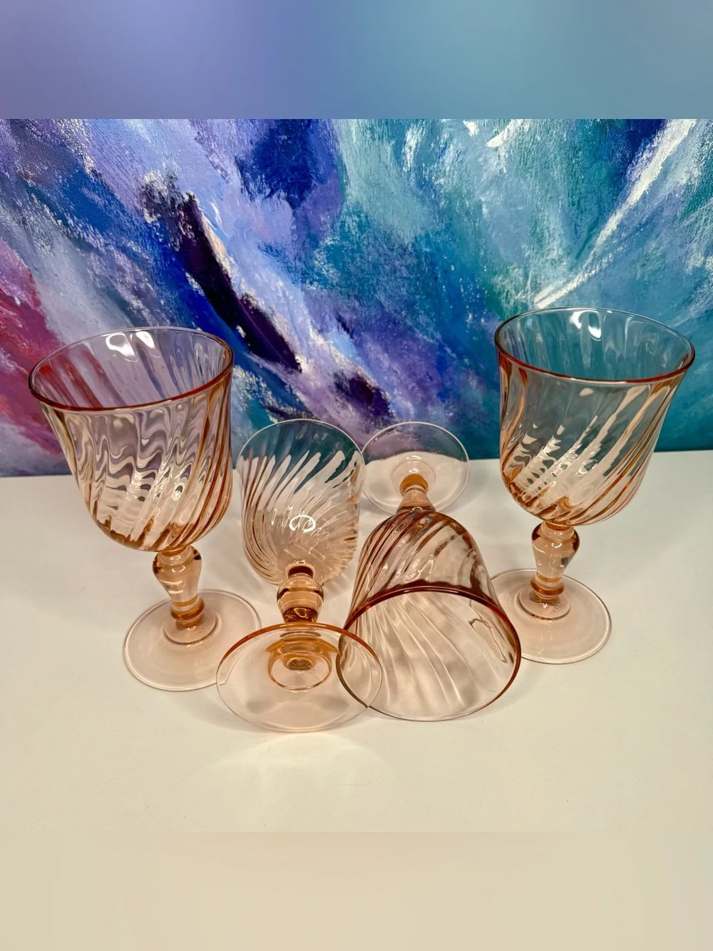 Set of 4 Arcoroc France Rosaline Pink Swirl Wine Water Goblets Stemmed Luminarc